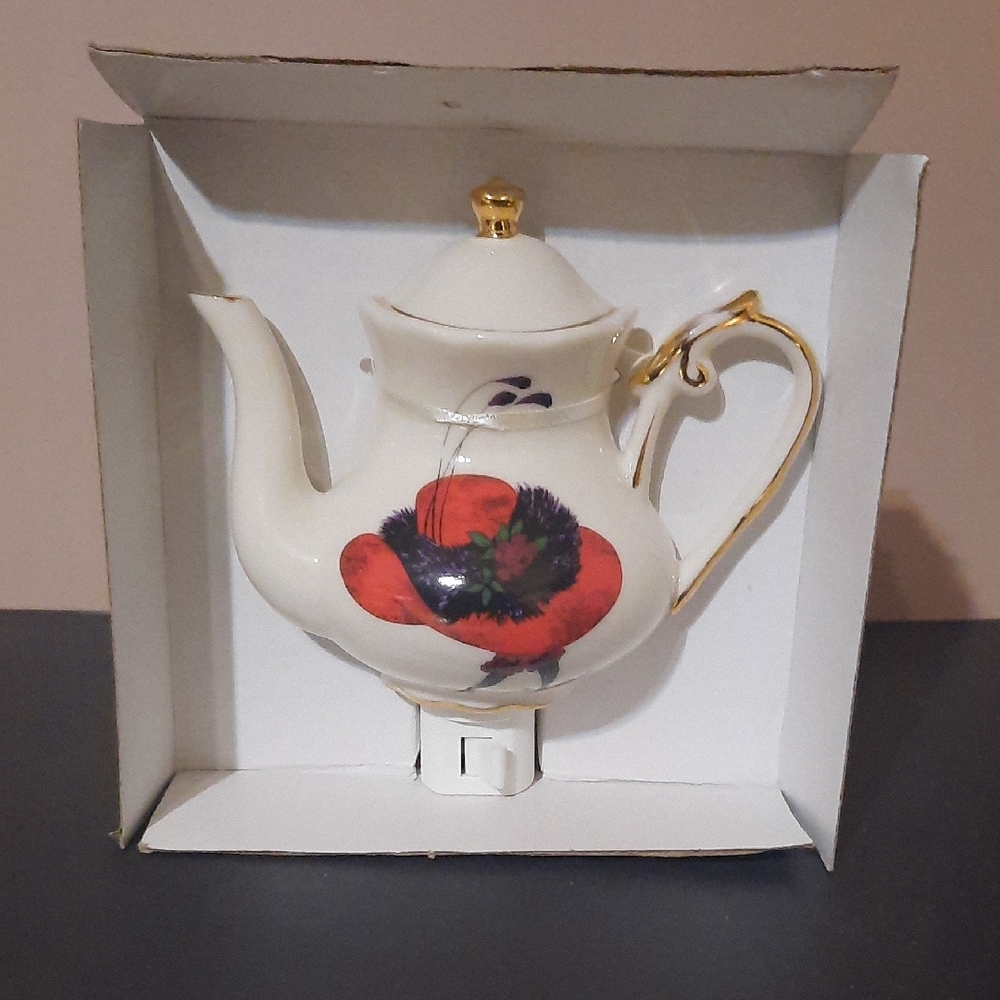 Floral Ceramic Red Hat Teapot Night Light - Picture 2 of 5